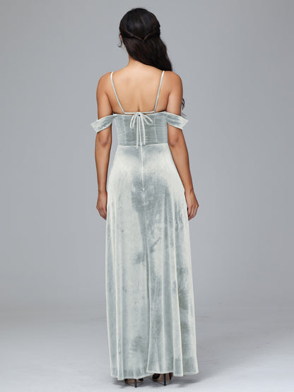 Spaghetti Straps Off Shoulder Velvet Bridesmaid Dress With Slit