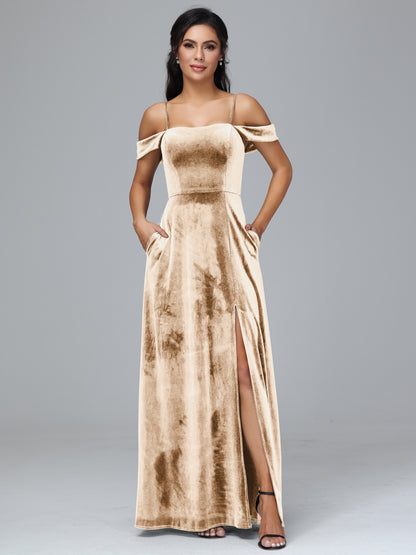 Spaghetti Straps Off Shoulder Velvet Bridesmaid Dress With Slit