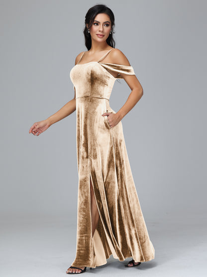 Spaghetti Straps Off Shoulder Velvet Bridesmaid Dress With Slit