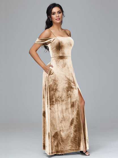Spaghetti Straps Off Shoulder Velvet Bridesmaid Dress With Slit