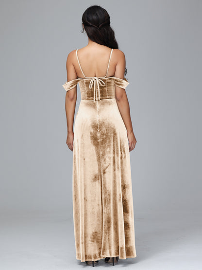 Spaghetti Straps Off Shoulder Velvet Bridesmaid Dress With Slit