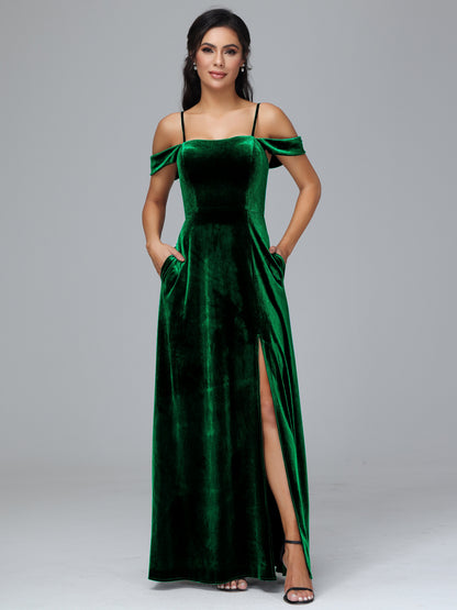 Spaghetti Straps Off Shoulder Velvet Bridesmaid Dress With Slit