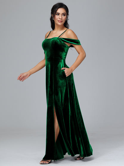 Spaghetti Straps Off Shoulder Velvet Bridesmaid Dress With Slit
