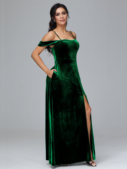 Spaghetti Straps Off Shoulder Velvet Bridesmaid Dress With Slit