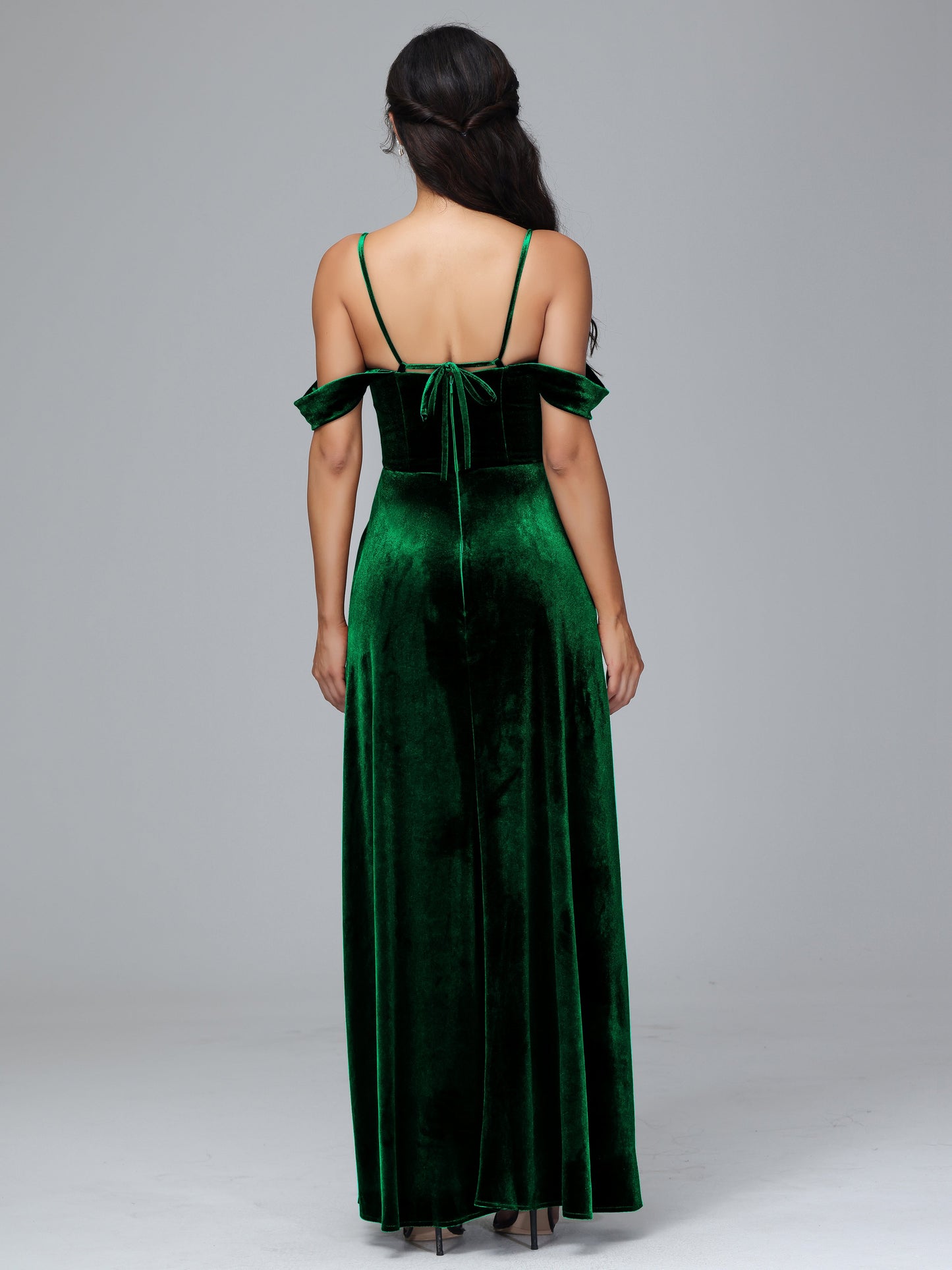 Spaghetti Straps Off Shoulder Velvet Bridesmaid Dress With Slit