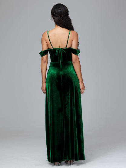 Spaghetti Straps Off Shoulder Velvet Bridesmaid Dress With Slit