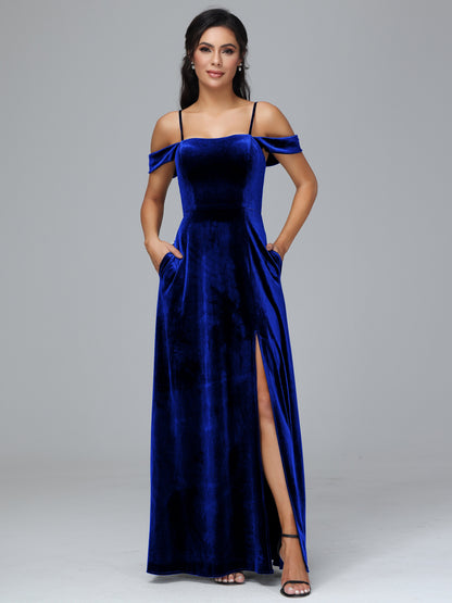 Spaghetti Straps Off Shoulder Velvet Bridesmaid Dress With Slit