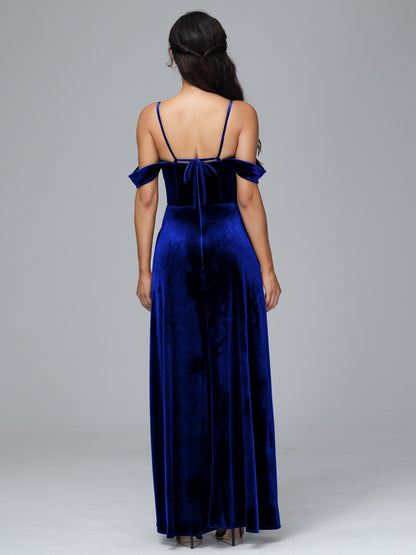 Spaghetti Straps Off Shoulder Velvet Bridesmaid Dress With Slit