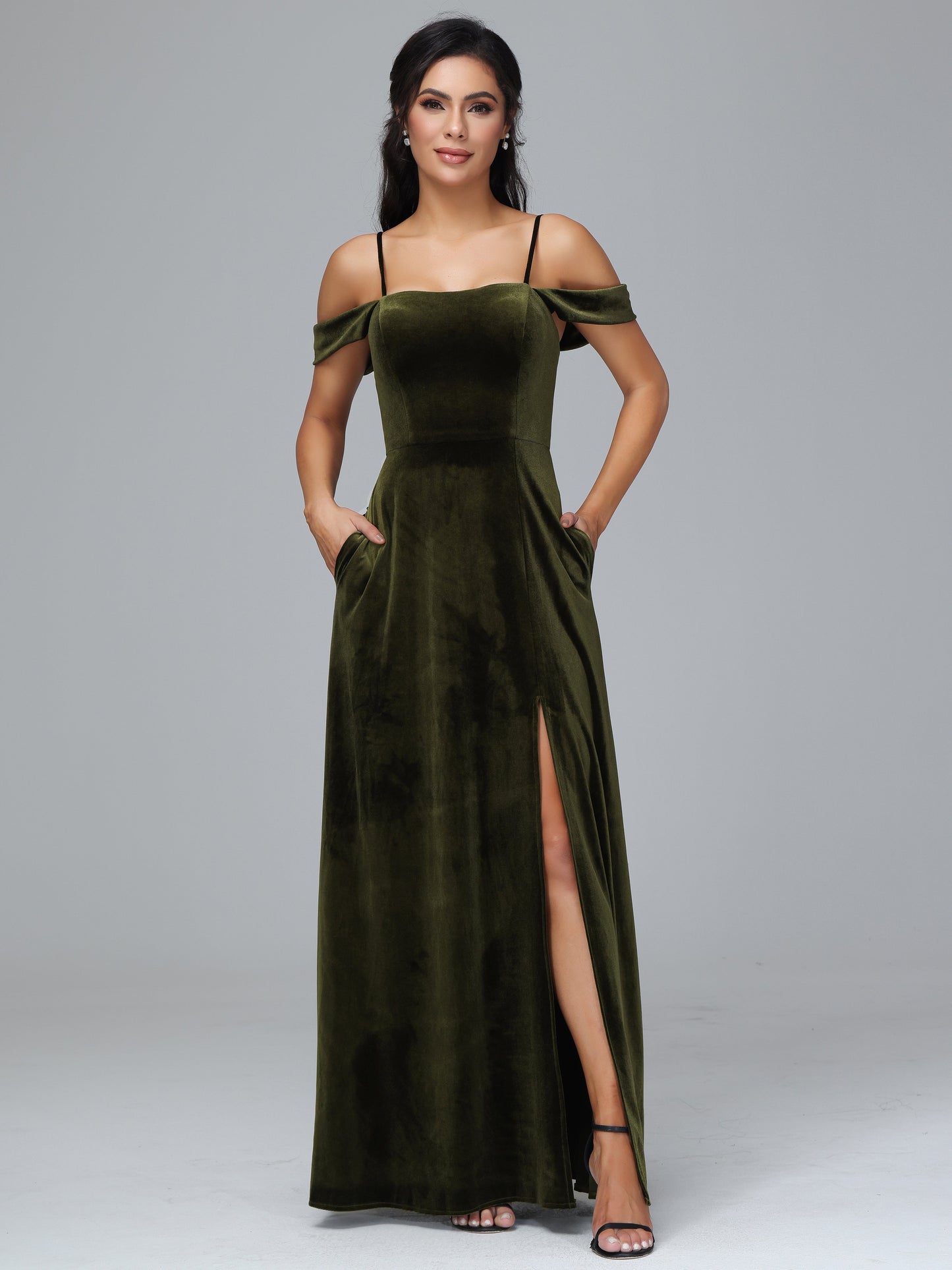 Spaghetti Straps Off Shoulder Velvet Bridesmaid Dress With Slit