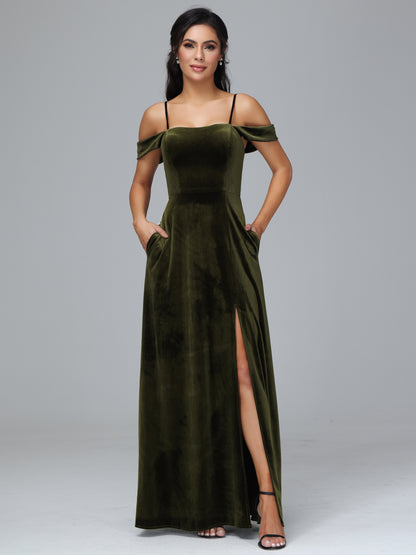 Spaghetti Straps Off Shoulder Velvet Bridesmaid Dress With Slit