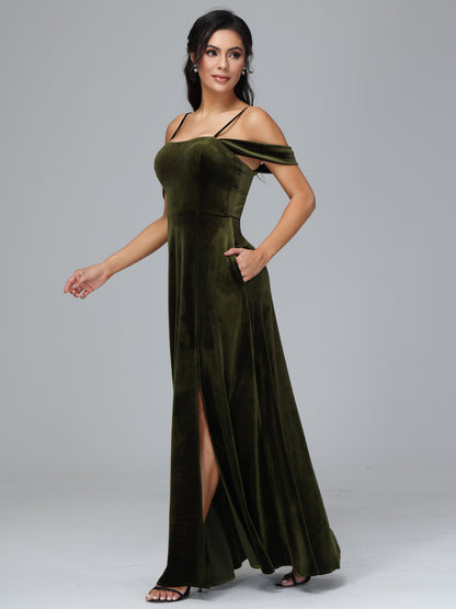 Spaghetti Straps Off Shoulder Velvet Bridesmaid Dress With Slit