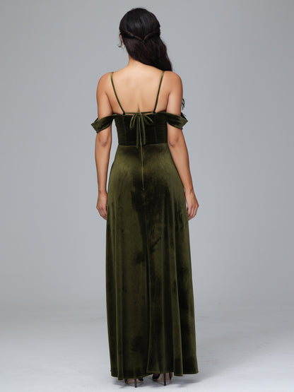 Spaghetti Straps Off Shoulder Velvet Bridesmaid Dress With Slit