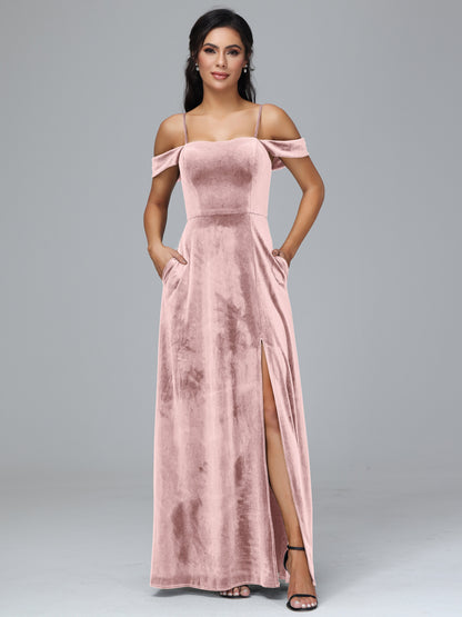 Spaghetti Straps Off Shoulder Velvet Bridesmaid Dress With Slit