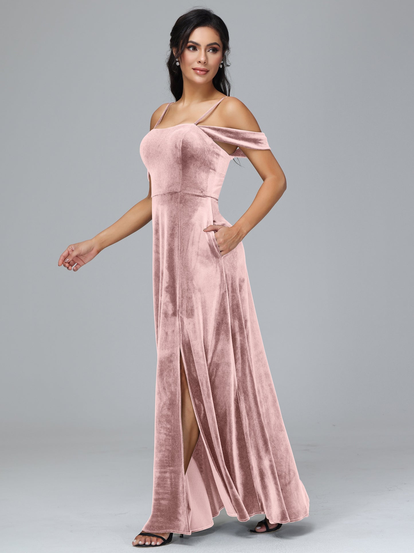 Spaghetti Straps Off Shoulder Velvet Bridesmaid Dress With Slit