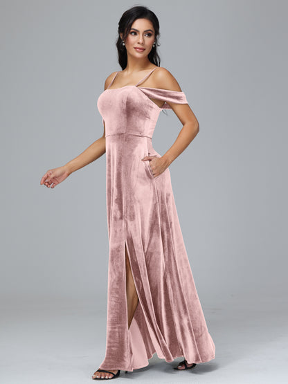 Spaghetti Straps Off Shoulder Velvet Bridesmaid Dress With Slit