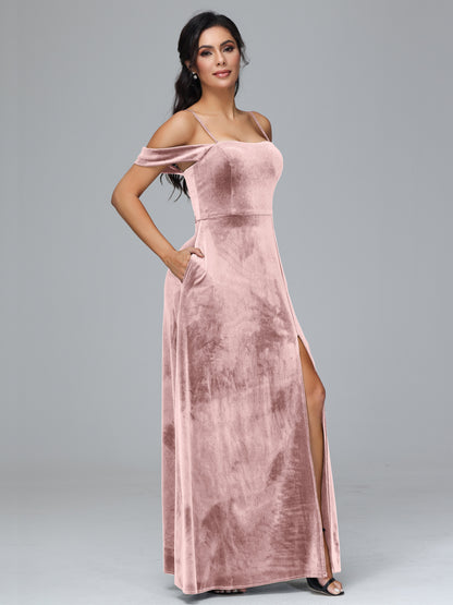 Spaghetti Straps Off Shoulder Velvet Bridesmaid Dress With Slit