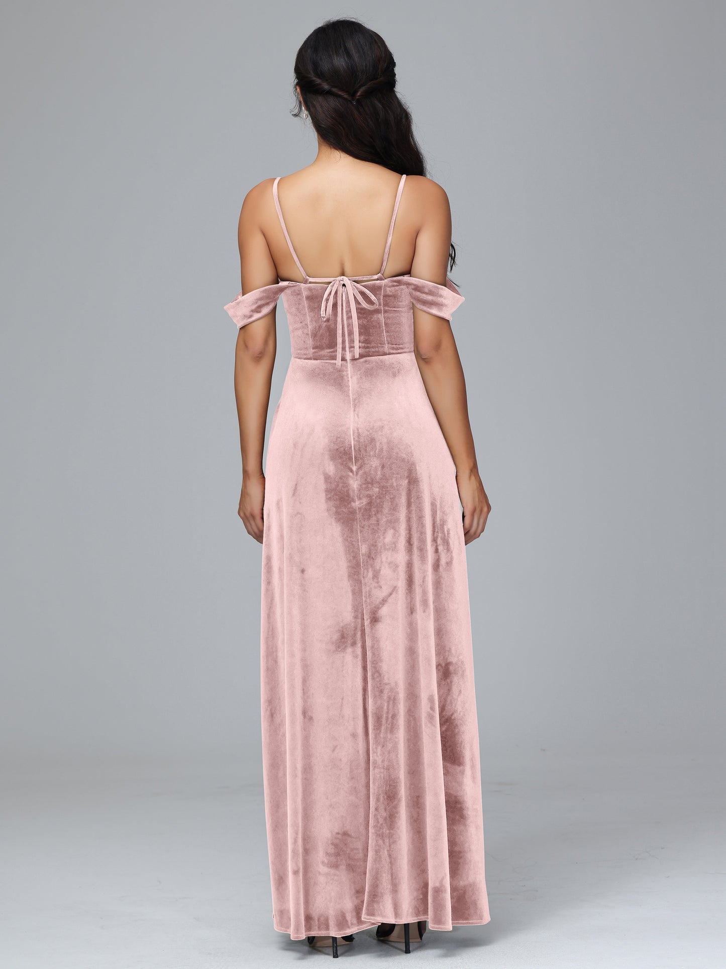 Spaghetti Straps Off Shoulder Velvet Bridesmaid Dress With Slit
