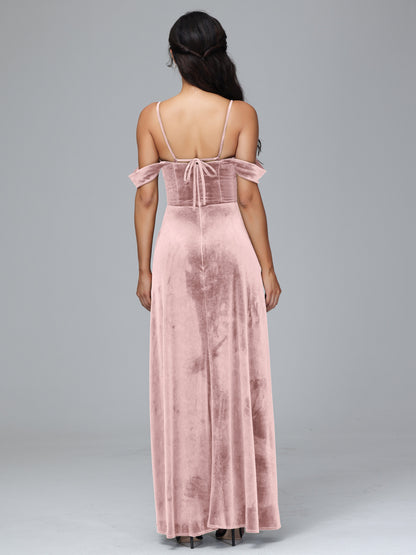 Spaghetti Straps Off Shoulder Velvet Bridesmaid Dress With Slit