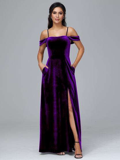 Spaghetti Straps Off Shoulder Velvet Bridesmaid Dress With Slit
