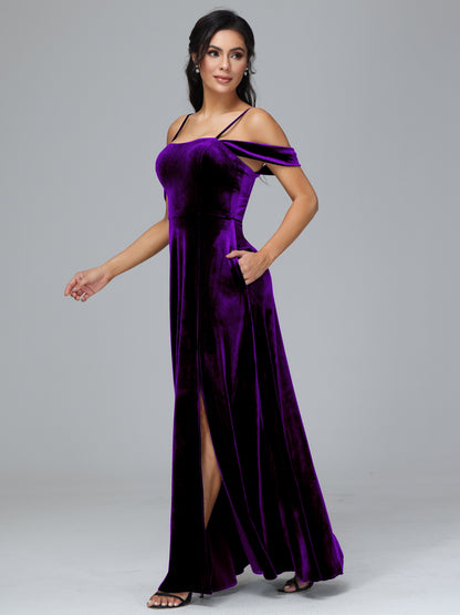 Spaghetti Straps Off Shoulder Velvet Bridesmaid Dress With Slit