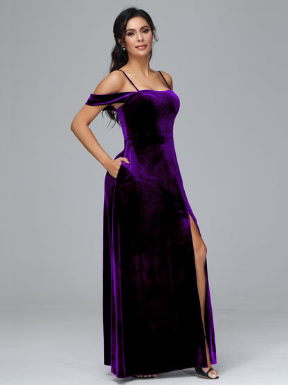 Spaghetti Straps Off Shoulder Velvet Bridesmaid Dress With Slit