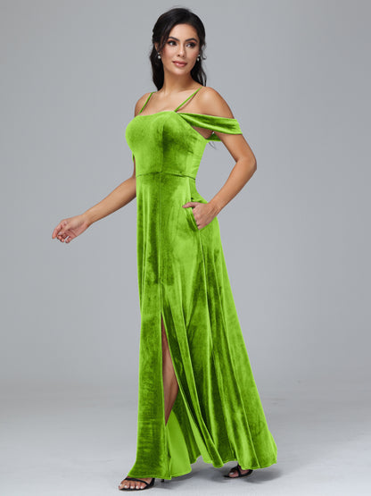 Spaghetti Straps Off Shoulder Velvet Bridesmaid Dress With Slit