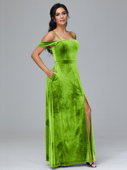 Spaghetti Straps Off Shoulder Velvet Bridesmaid Dress With Slit