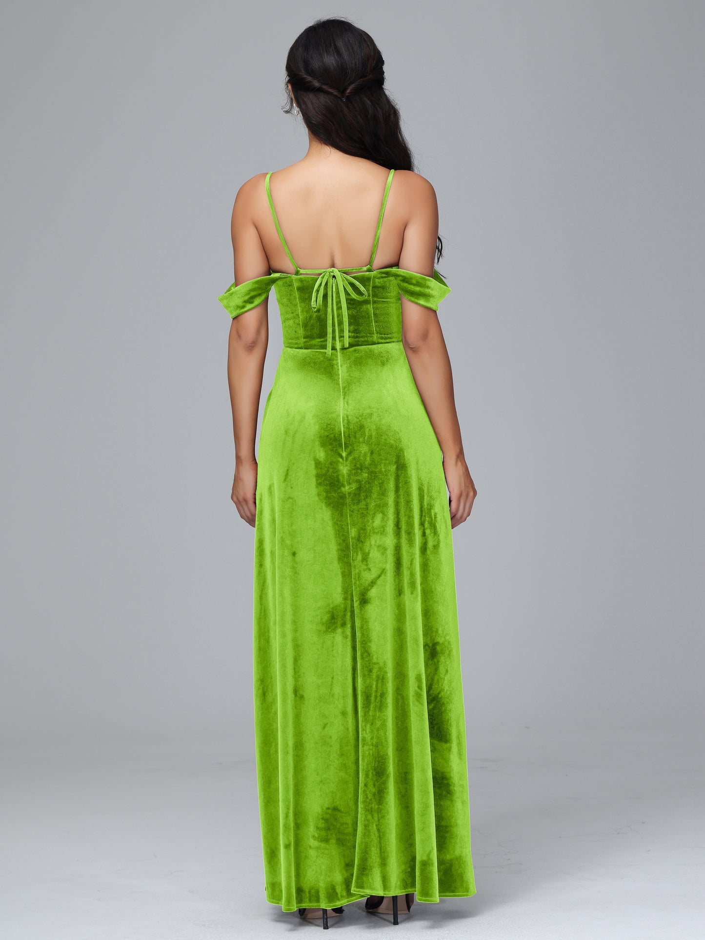 Spaghetti Straps Off Shoulder Velvet Bridesmaid Dress With Slit