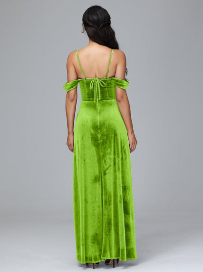 Spaghetti Straps Off Shoulder Velvet Bridesmaid Dress With Slit