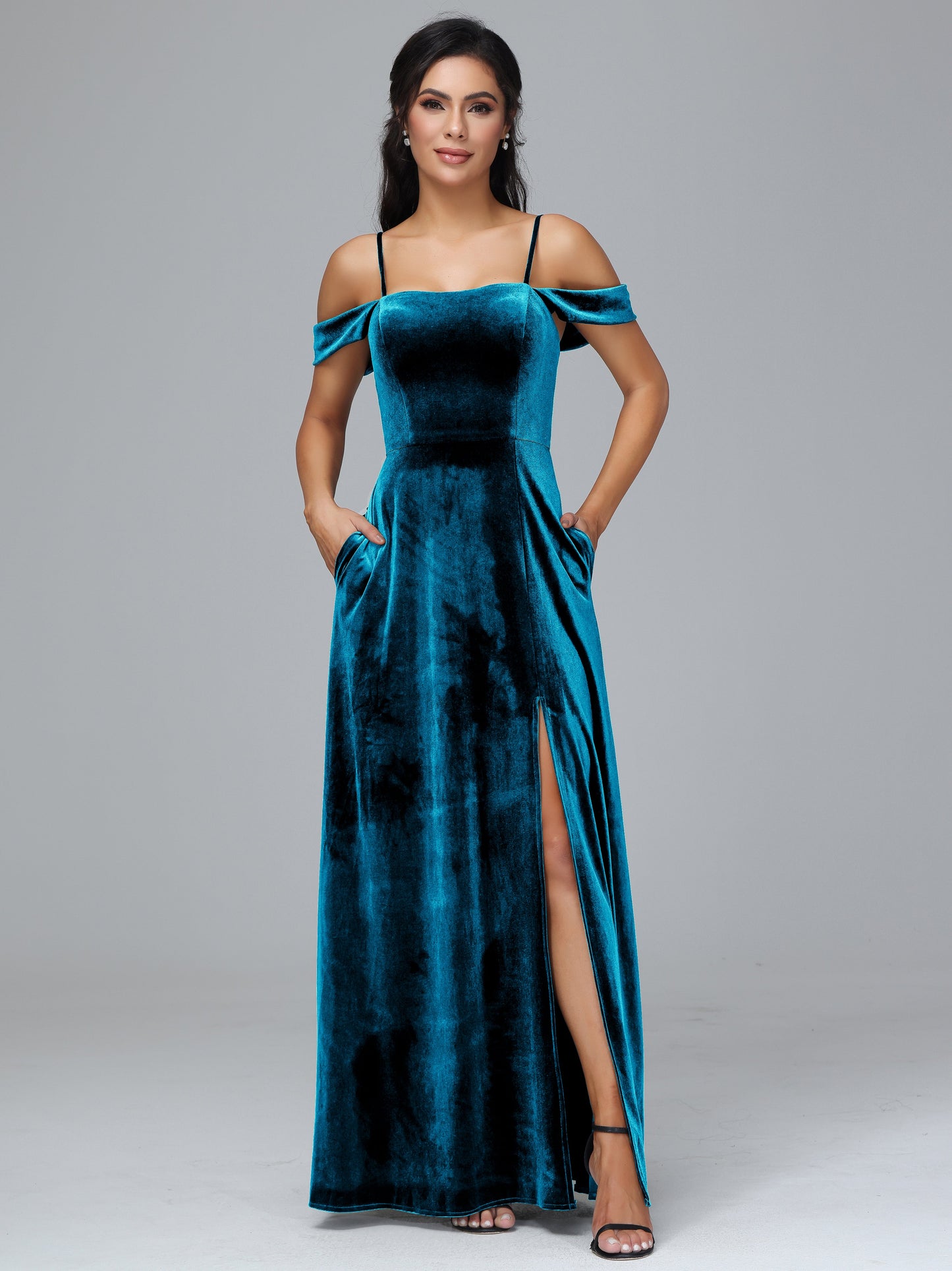 Spaghetti Straps Off Shoulder Velvet Bridesmaid Dress With Slit