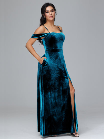 Spaghetti Straps Off Shoulder Velvet Bridesmaid Dress With Slit