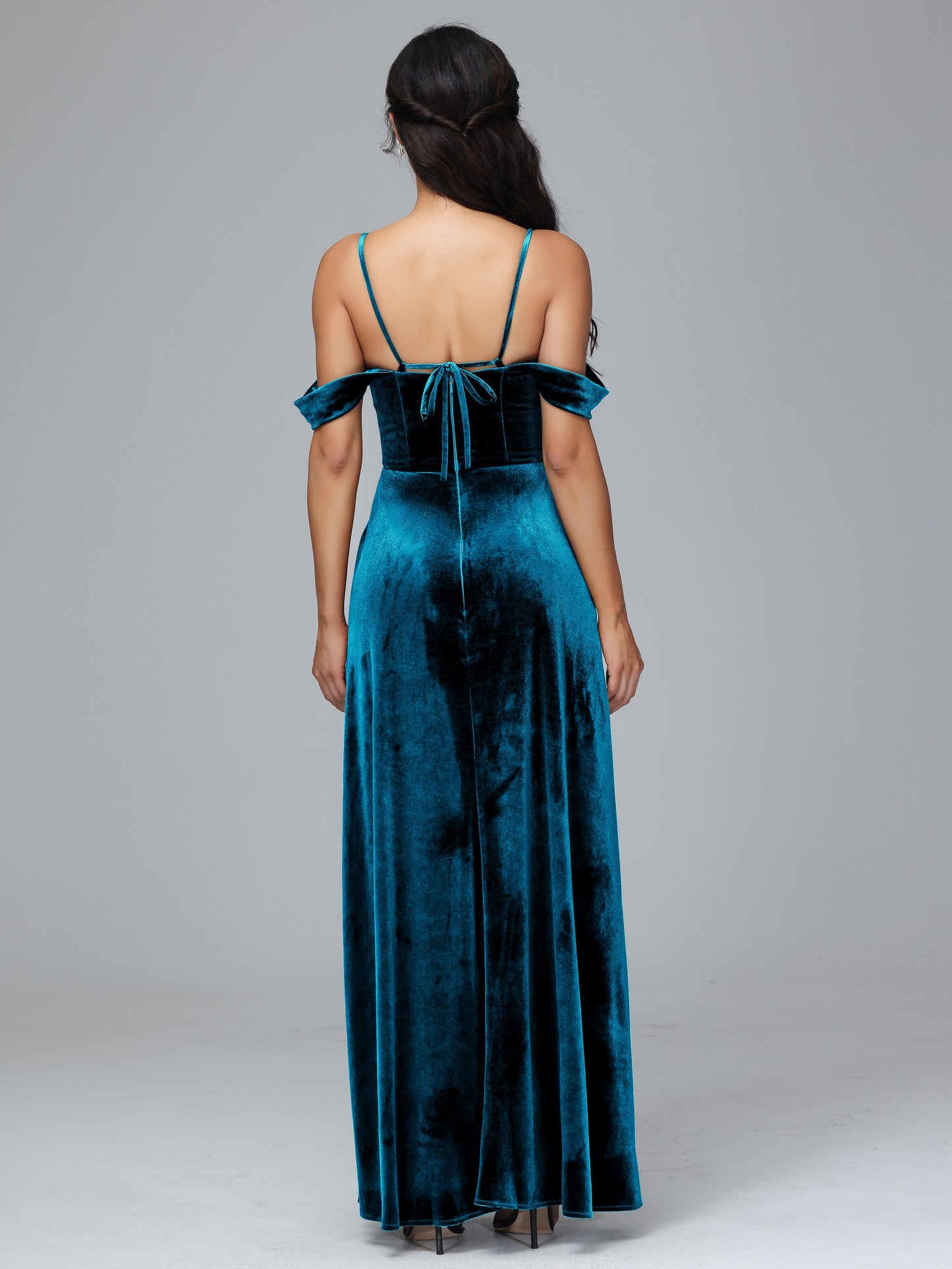Spaghetti Straps Off Shoulder Velvet Bridesmaid Dress With Slit