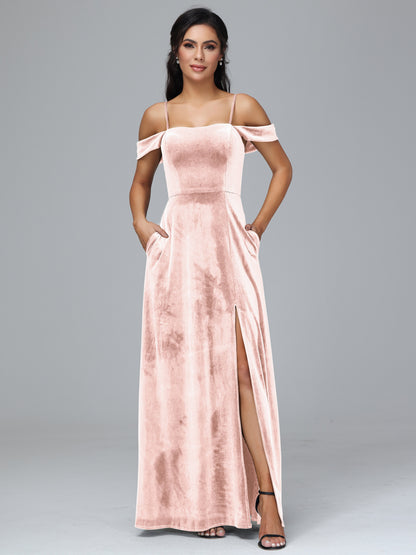 Spaghetti Straps Off Shoulder Velvet Bridesmaid Dress With Slit