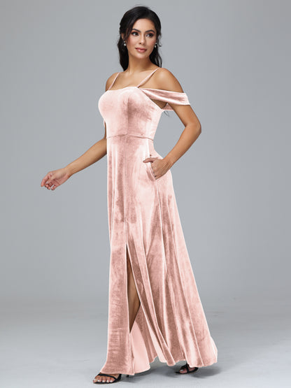 Spaghetti Straps Off Shoulder Velvet Bridesmaid Dress With Slit