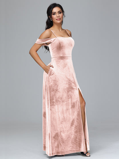 Spaghetti Straps Off Shoulder Velvet Bridesmaid Dress With Slit