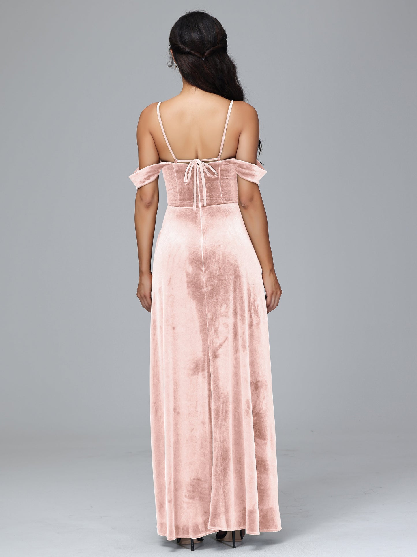 Spaghetti Straps Off Shoulder Velvet Bridesmaid Dress With Slit