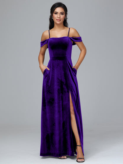 Spaghetti Straps Off Shoulder Velvet Bridesmaid Dress With Slit