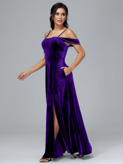 Spaghetti Straps Off Shoulder Velvet Bridesmaid Dress With Slit