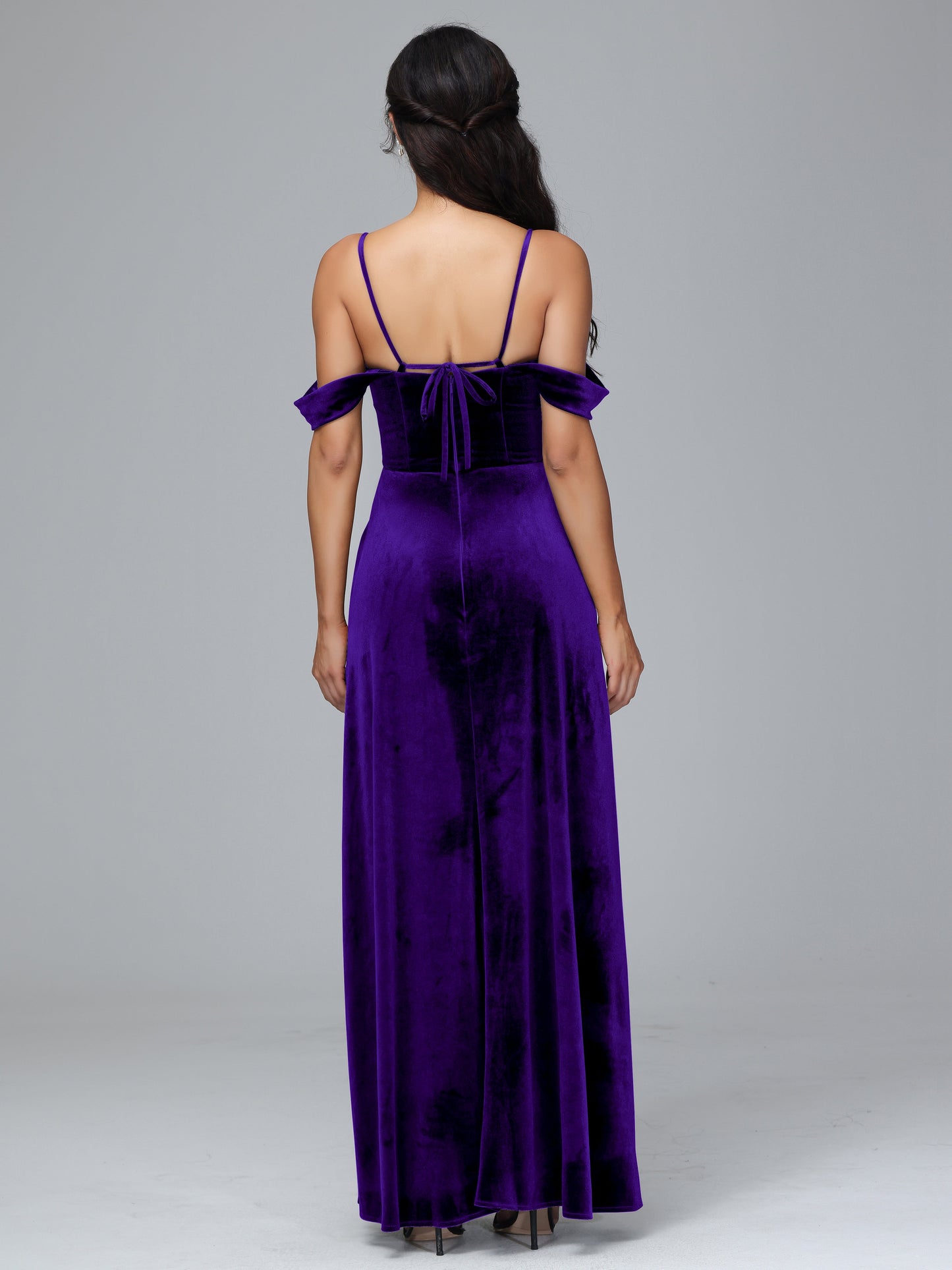 Spaghetti Straps Off Shoulder Velvet Bridesmaid Dress With Slit
