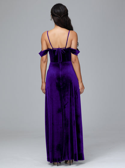 Spaghetti Straps Off Shoulder Velvet Bridesmaid Dress With Slit