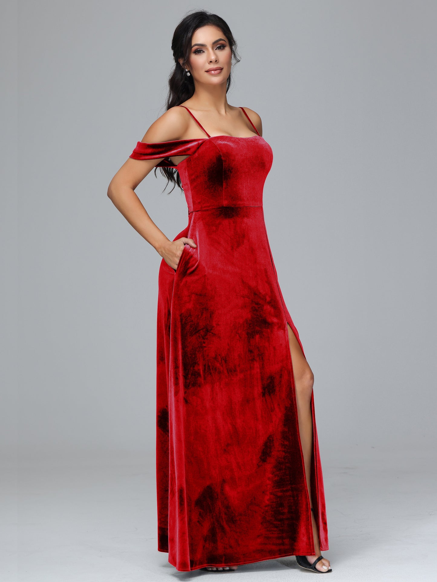Spaghetti Straps Off Shoulder Velvet Bridesmaid Dress With Slit