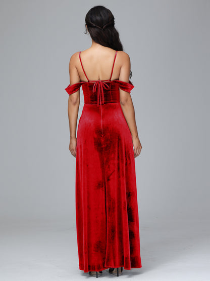 Spaghetti Straps Off Shoulder Velvet Bridesmaid Dress With Slit