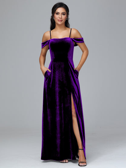 Spaghetti Straps Off Shoulder Velvet Bridesmaid Dress With Slit