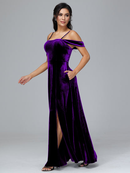 Spaghetti Straps Off Shoulder Velvet Bridesmaid Dress With Slit