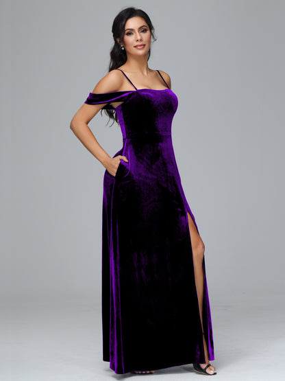 Spaghetti Straps Off Shoulder Velvet Bridesmaid Dress With Slit