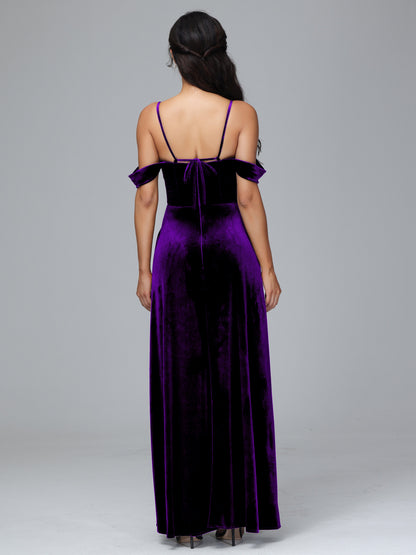 Spaghetti Straps Off Shoulder Velvet Bridesmaid Dress With Slit