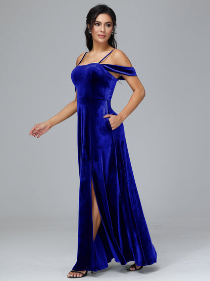 Spaghetti Straps Off Shoulder Velvet Bridesmaid Dress With Slit