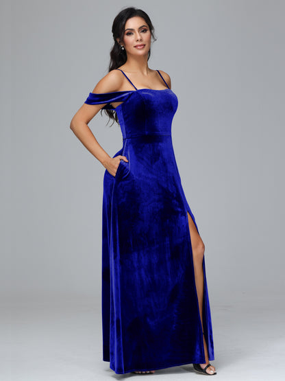 Spaghetti Straps Off Shoulder Velvet Bridesmaid Dress With Slit