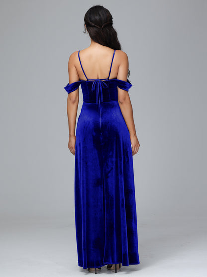 Spaghetti Straps Off Shoulder Velvet Bridesmaid Dress With Slit