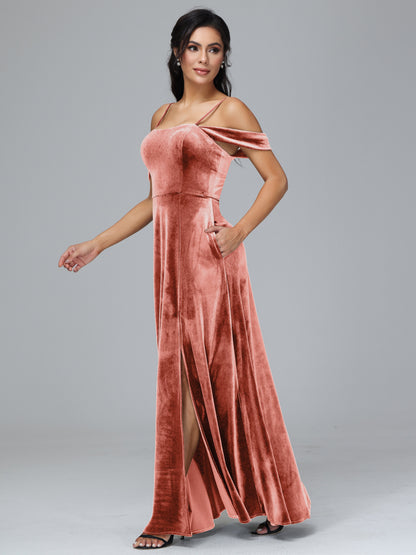 Spaghetti Straps Off Shoulder Velvet Bridesmaid Dress With Slit